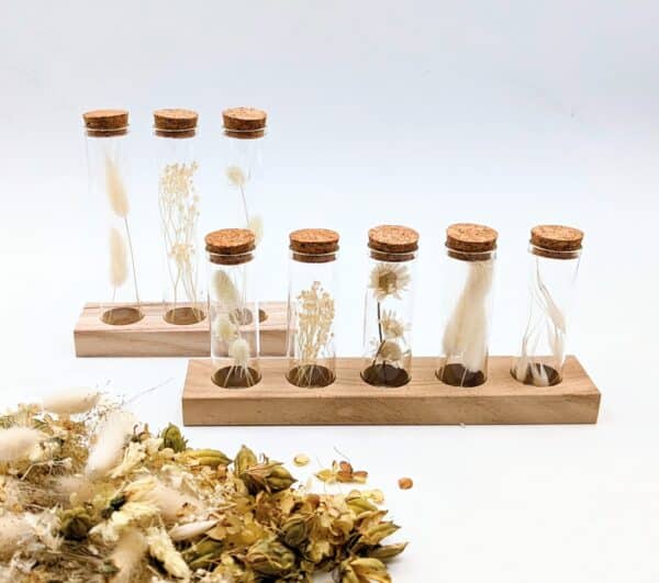 Eprouvette fleurs séchées blanches, 3 ou 5 petits tubes en verre avec fleurs séchées à l'intérieur sur support en bois, fiole en verre avec bouchon en liège