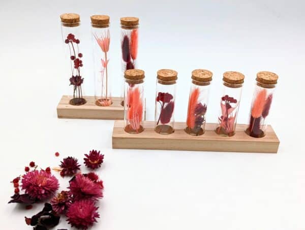 Eprouvette fleurs séchées rouge grenat, 3 ou 5 petits tubes en verre avec fleurs séchées à l'intérieur sur support en bois, fiole en verre avec bouchon en liège