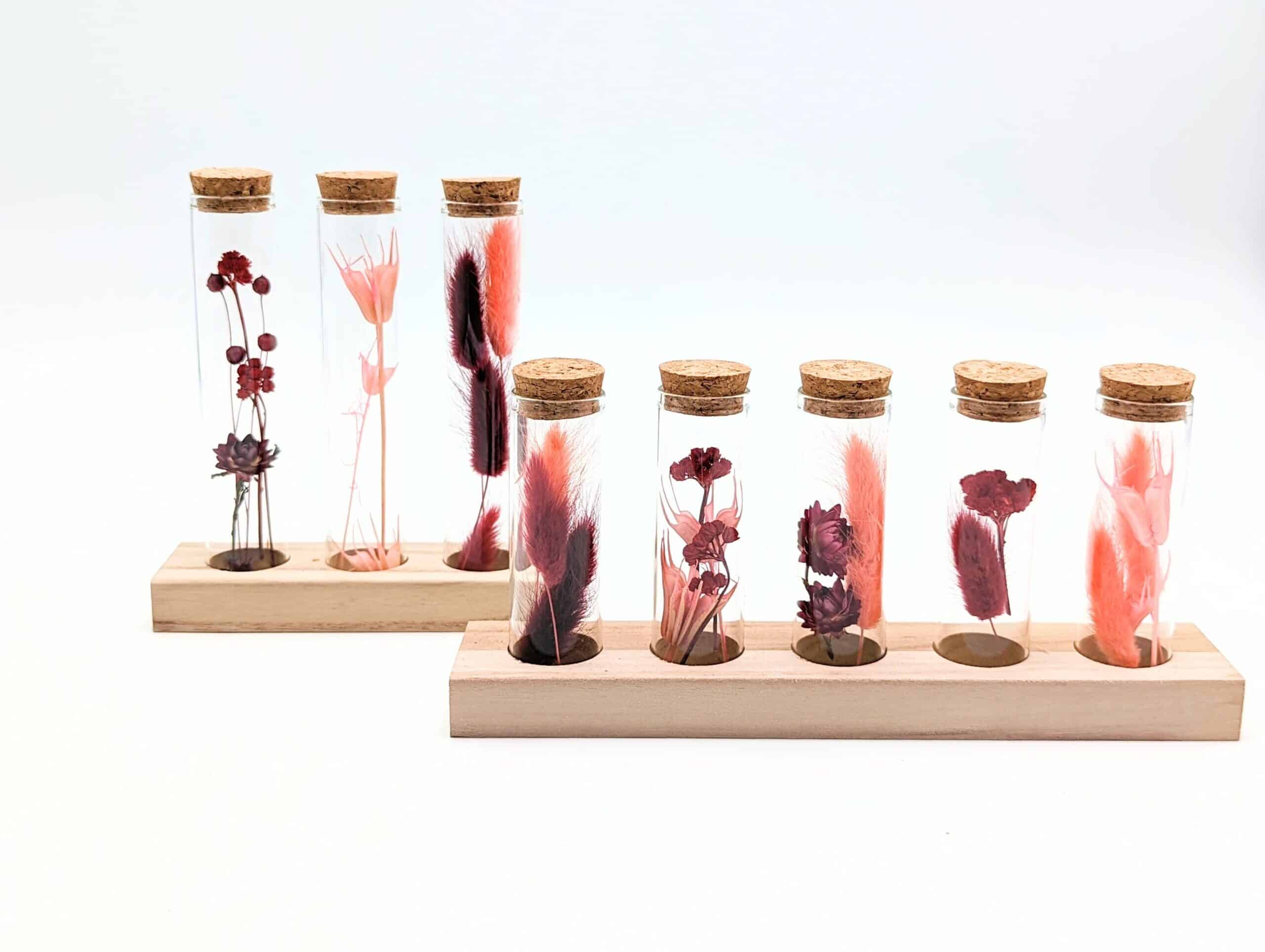 Eprouvette fleurs séchées rouge grenat, 3 ou 5 petits tubes en verre avec fleurs séchées à l'intérieur sur support en bois, fiole en verre avec bouchon en liège