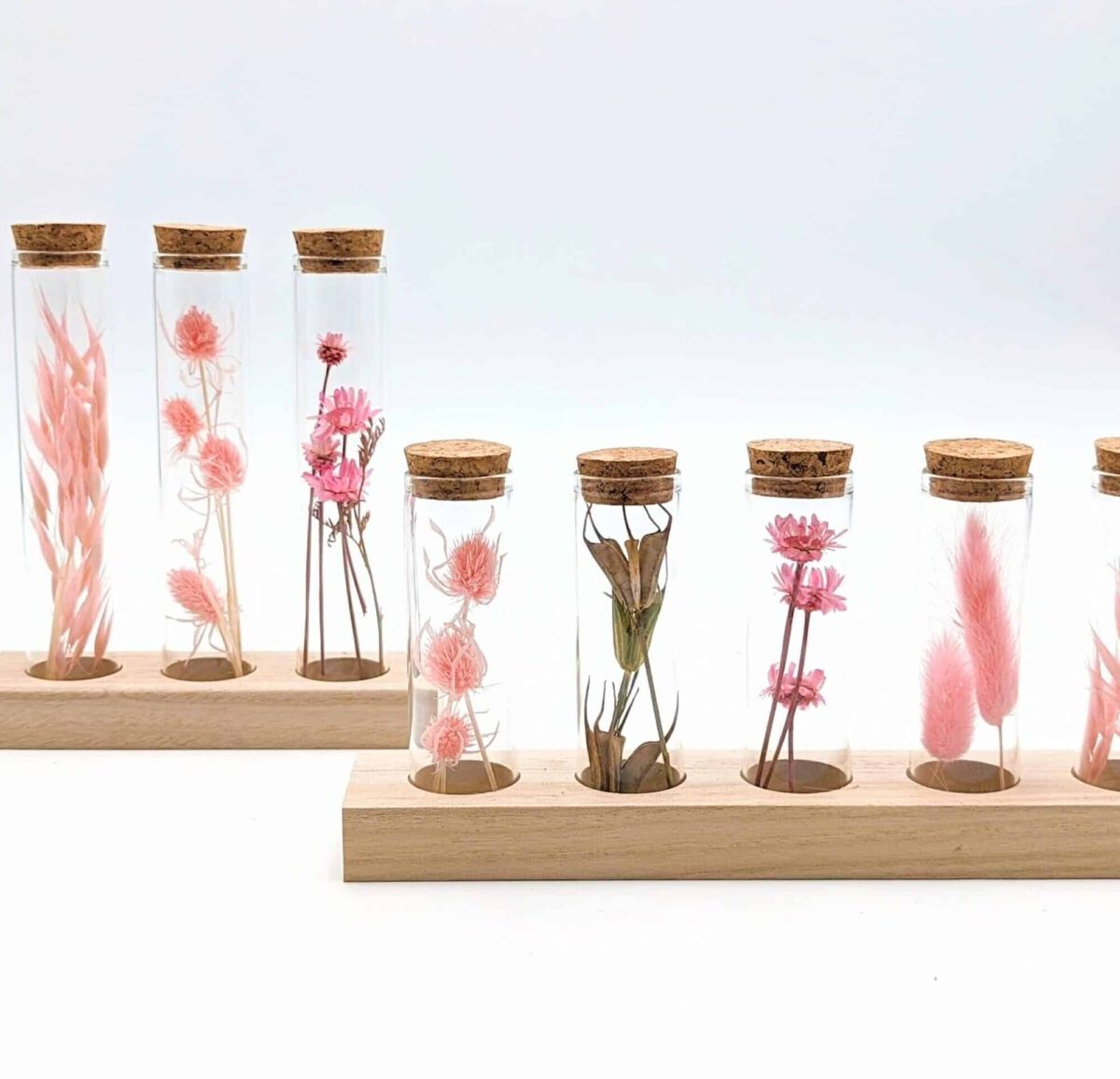 Eprouvette fleurs séchées rose pâle, petits tubes en verre avec fleurs séchées à l'intérieur sur support en bois