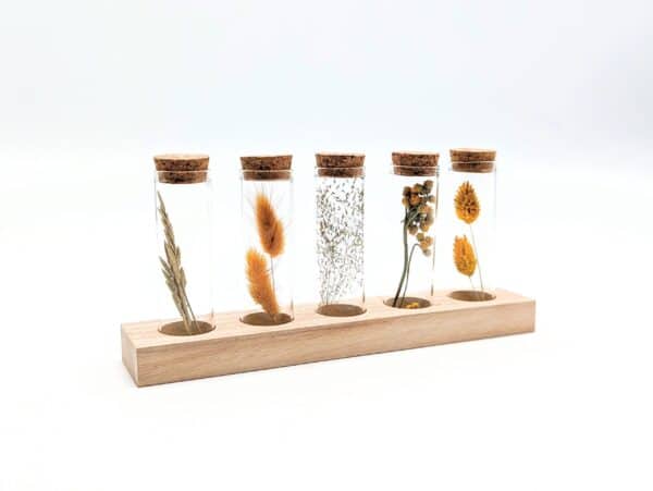 Eprouvette fleurs séchées jaunes, 5 petits tubes en verre avec fleurs séchées à l'intérieur sur support en bois, fiole en verre avec bouchon en liège