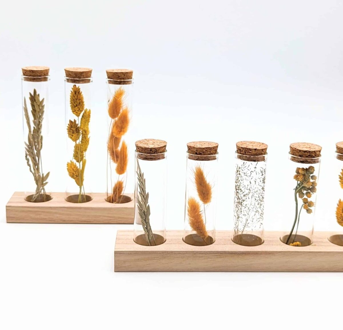 Eprouvette fleurs séchées jaunes, 3 ou 5 petits tubes en verre avec fleurs séchées à l'intérieur sur support en bois, fiole en verre avec bouchon en liège