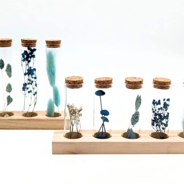Eprouvette fleurs séchées bleues, 3 ou 5 petits tubes en verre avec fleurs séchées à l'intérieur sur support en bois, fiole en verre avec bouchon en liège