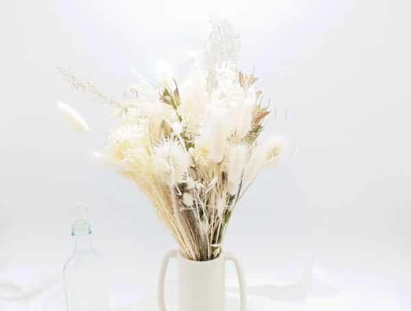 Bouquet fleurs séchées aux couleurs blanches et naturelles composé de chardon, lagurus, nigel et broom existe en plusieurs tailles
