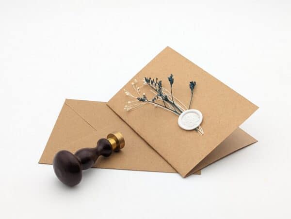 Carte en kraft brun avec fleurs séchées bleues et cachet de cire avec enveloppe.