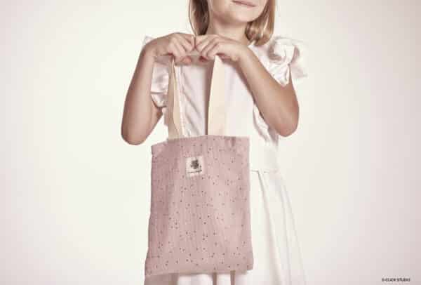 petit sac tote bage pour enfant en toile beige à l'intérieur et double gaze de coton à l'extérieur de couleur vieux rose pois doré