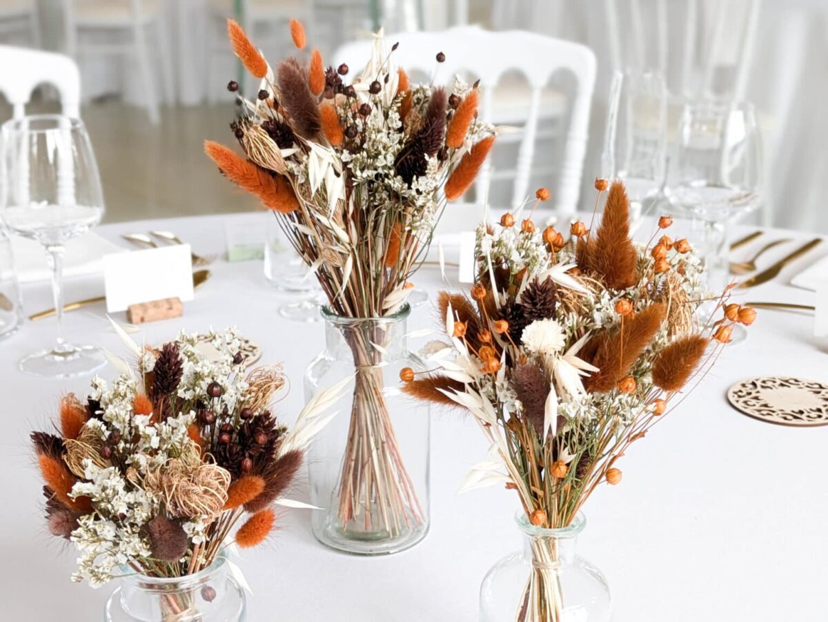 Centres de table trio terracotta en fleurs séchées et stabilisées