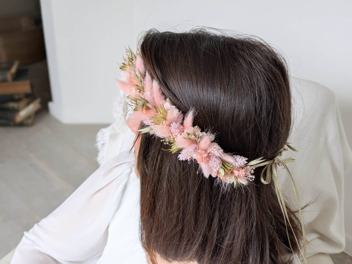 Couronne de Mariage en Fleurs Séchées Ton Rose Romantique – Image 2