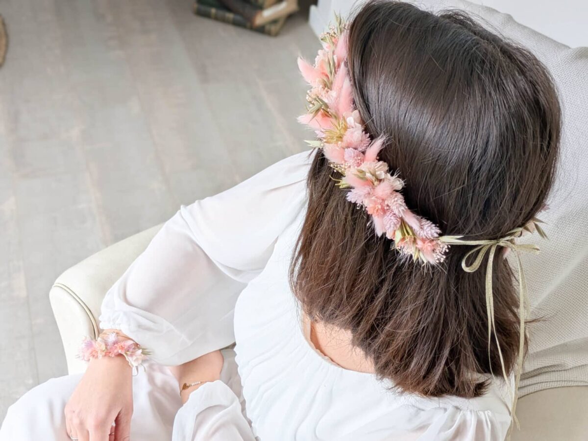 Couronne de Mariage en Fleurs Séchées Ton Rose Romantique – Image 5