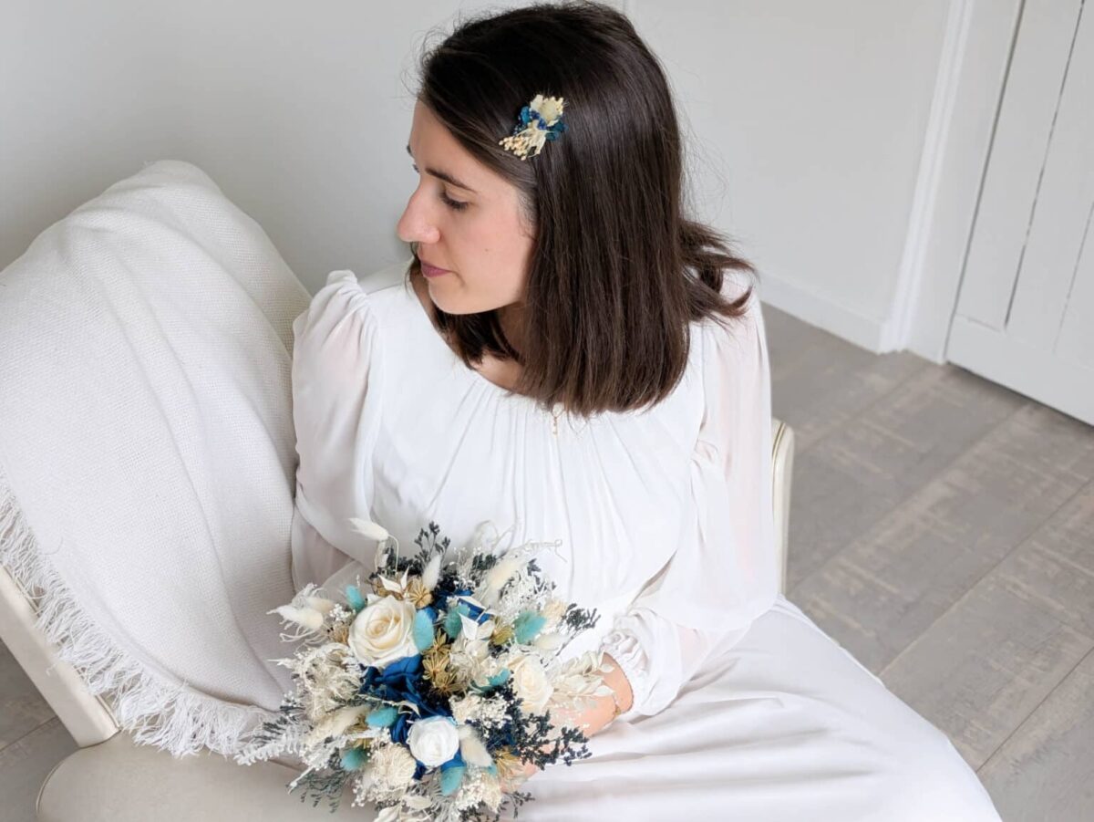 Peigne Mariage en Fleurs Séchées Ton Bleu Bourrache – Image 4