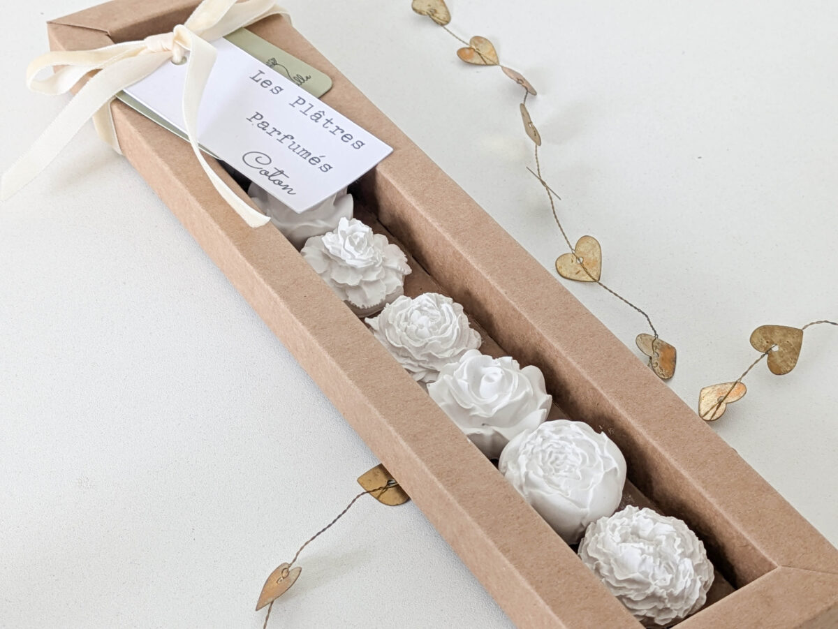 Ce coffret de mini plâtres fleuris est disponible en 4 senteurs différentes. Faits à la main en Bourgogne avec un parfum de Grasse, ils sont emballés dans un joli emballage en kraft.